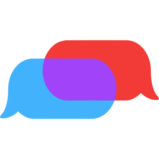 One red and one blue speech bubble overlap with a purple common ground.