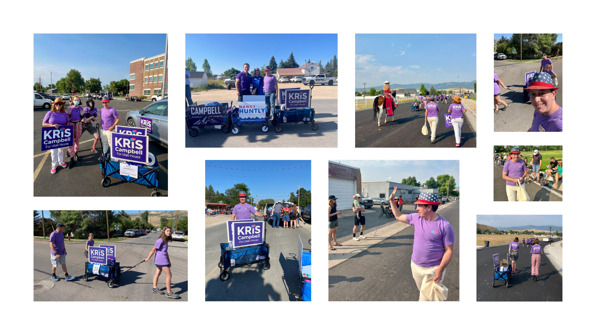 Photo collage of people wearing purple shirts, purple Kris Campbell campaign signs in the background, walking in parades